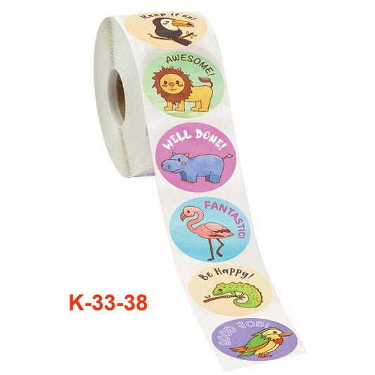 Kids reward sticker strip on roll with round animal labels, colorful cartoon designs