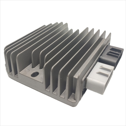 Motorcycle rectifier with gray heatsink and white electrical plug connector