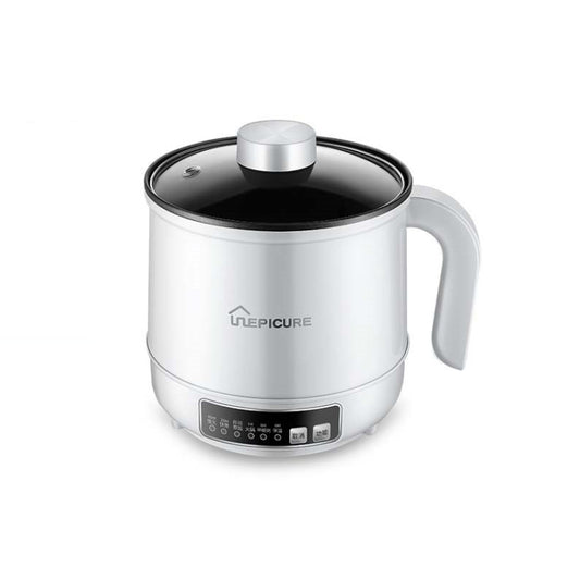 White mini electric cooker with black lid and front control panel, nonstick pot