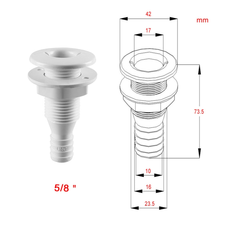 Plastic thru-hull vent hose fitting with 5/8" size shown and dimension lines
