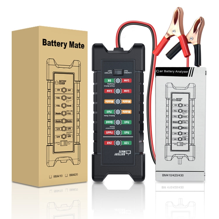 Battery tester kit with 12V/24V tester, red/black clamps, and Battery Mate packaging