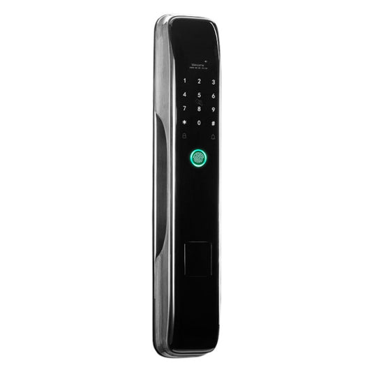Smart WiFi fingerprint door lock with keypad and glowing fingerprint sensor, black finish