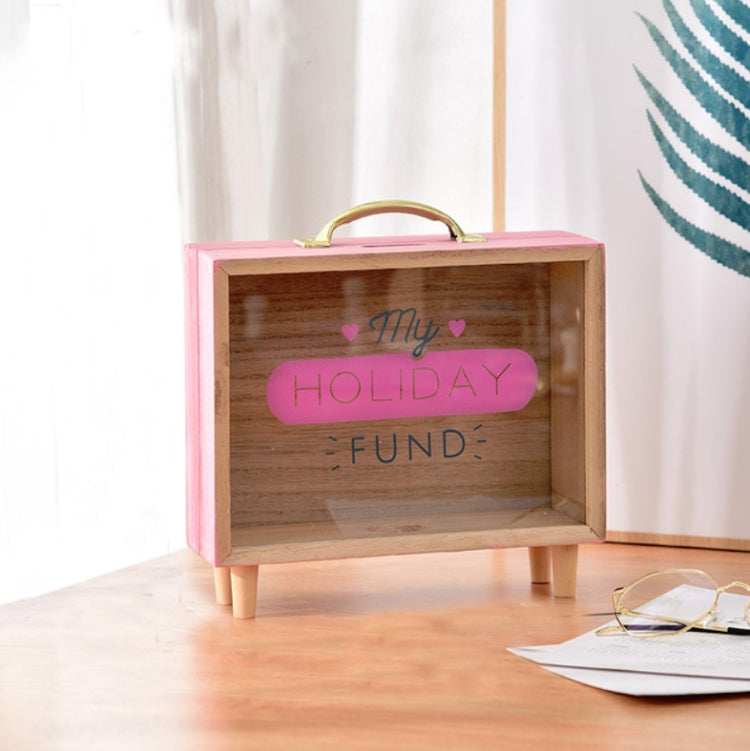 Pink wooden piggy bank savings box with handle and front text window