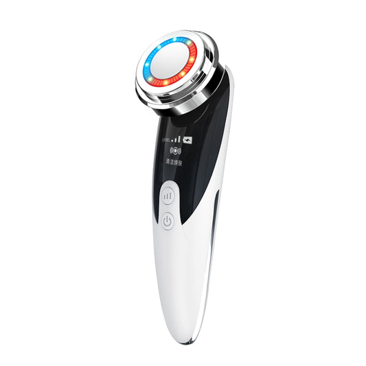 Ultrasonic facial massager device, white with glowing blue and red ring