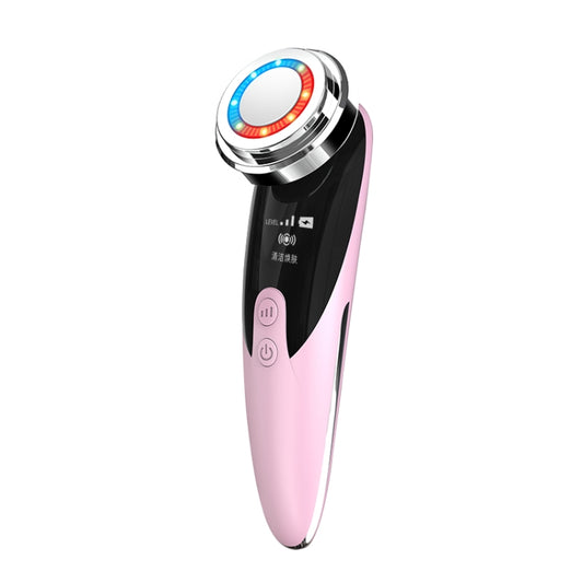 Ultrasonic facial massager device, pink with glowing blue and red light ring
