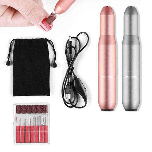 Portable electric nail polisher set with rose and silver pens, cable, pouch, and heads