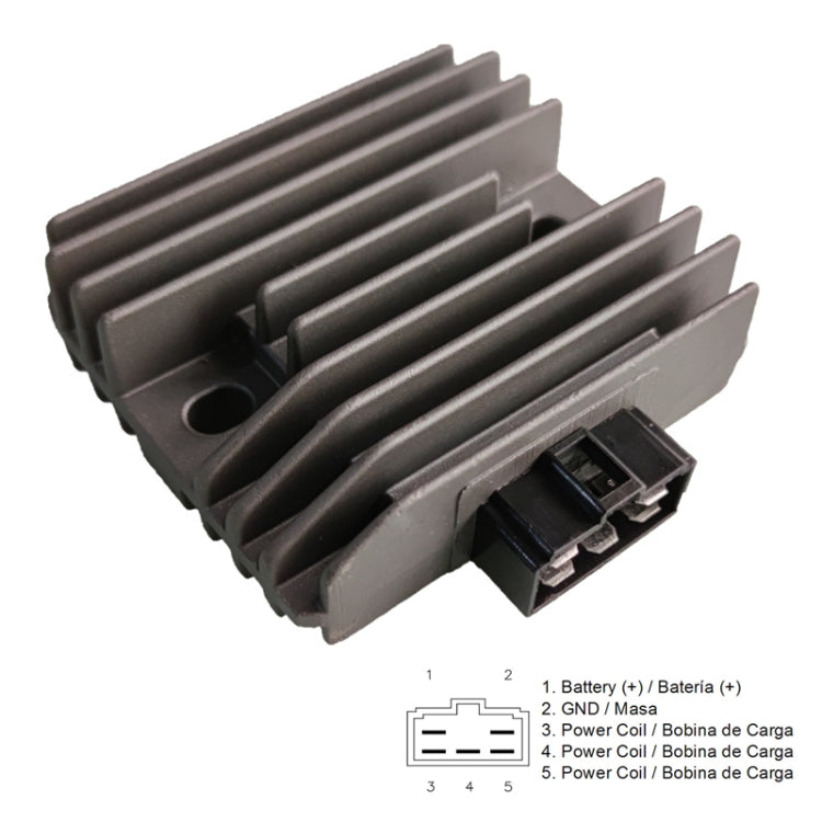 Motorcycle rectifier/regulator with side connectors and cooling fin heat sink housing