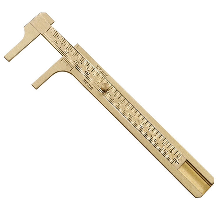 Brass vernier caliper with etched scales and depth rod, extended view