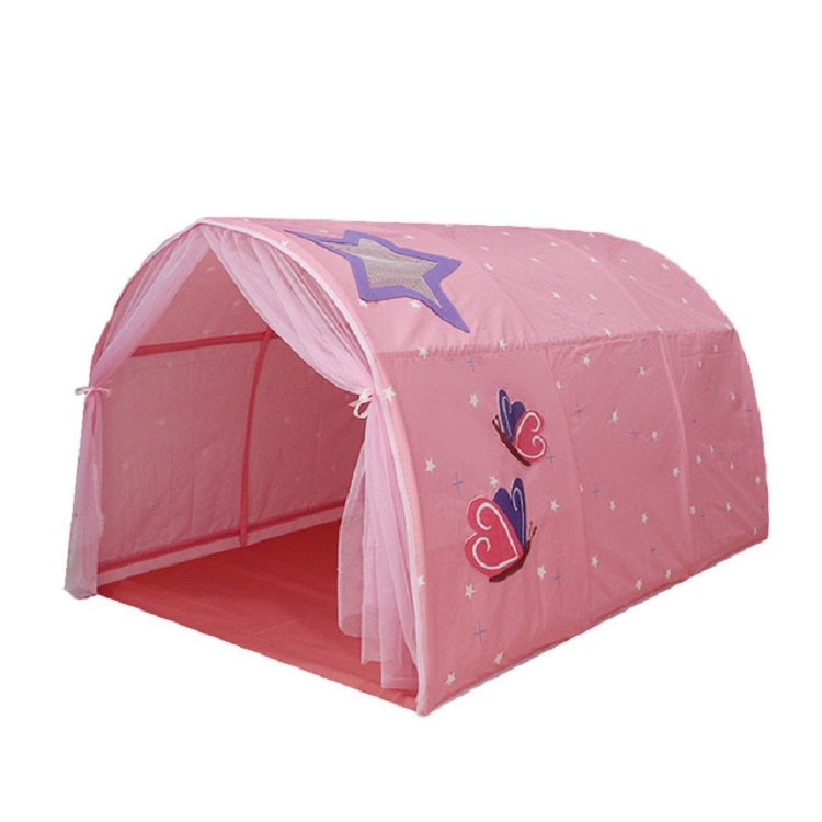 Pink kids play tent with star design and translucent side curtain opening