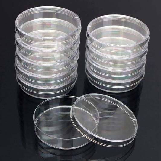 Sterile polystyrene Petri dishes, clear plastic stacks in two groups