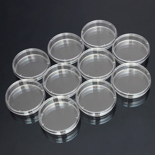 Sterile polystyrene Petri dishes, clear plastic lids, stack of 10