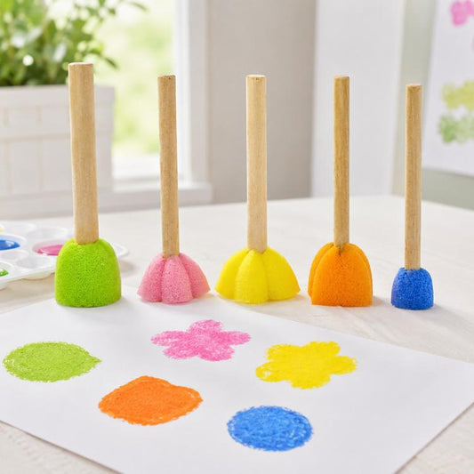 Mushroom sponge stamp set with wooden handles, assorted green pink yellow orange blue heads