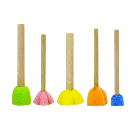 Five mushroom sponge stamps on wooden handles, green pink yellow orange blue sponge heads