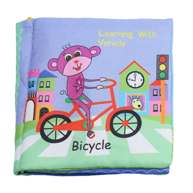 Soft fabric baby learning cloth book, purple animal bicycling with traffic light graphic
