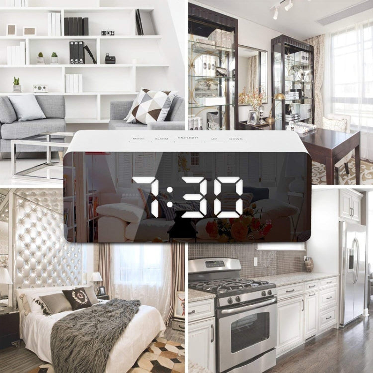 White digital alarm clock with large mirrored time display for bedside use