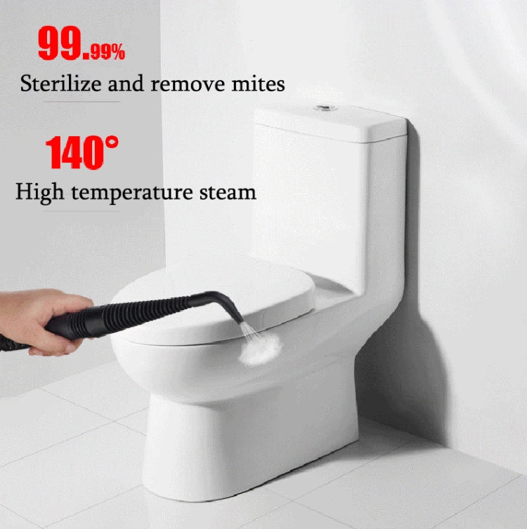 Handheld steam cleaner spraying steam at a toilet bowl for high-temperature cleaning