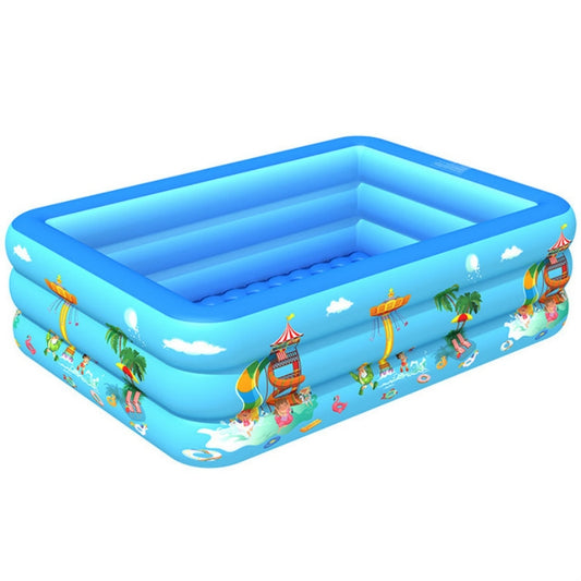 Blue inflatable square children’s swimming pool with amusement park floor graphics
