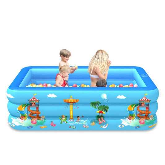 Blue inflatable children’s pool with amusement park theme, wide open top