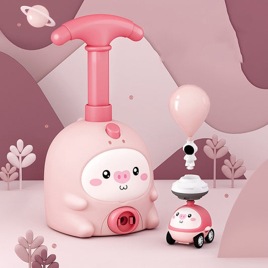 Pink piggy air-powered balloon scooter toy with launcher, balloon pump head and pig car
