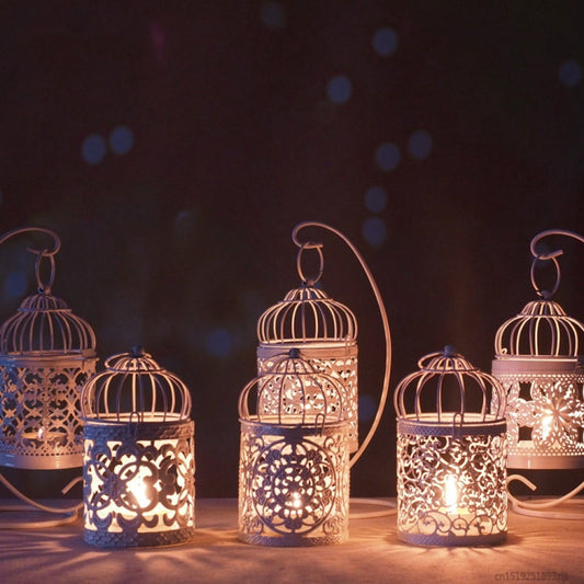 Antique Creative Bird Cage Candlestick Wrought Iron Ornaments Hollow Flower Pattern Home Decoration Crafts