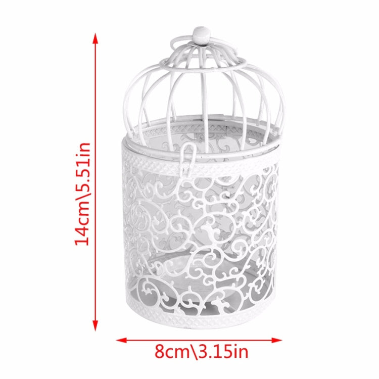 White birdcage candle holder with hollow floral cutouts, 14cm height and 8cm width shown
