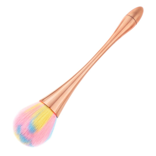 Pastel makeup powder brush with rose-gold handle and rounded multicolor bristles