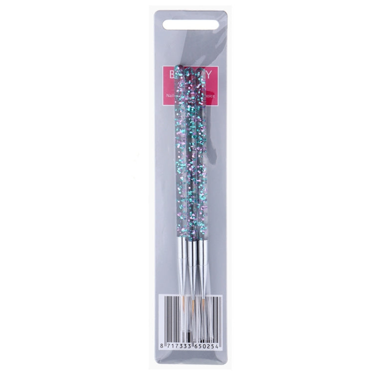Packaged nail art brush set with 3 silver-tube brushes and glitter top