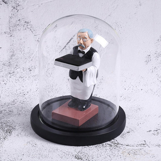 Old butler watch display stand figurine with black shelf base under clear dome