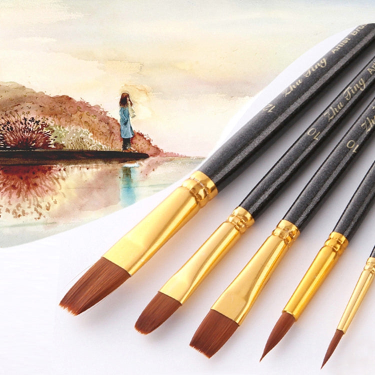 Nylon paint brush set with gold ferrules and dark handles, pointed and flat brush heads