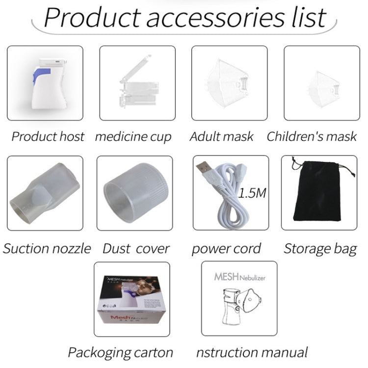 Ultrasonic atomizer accessory set: medicine cup, masks, suction nozzle, cord, and storage bag