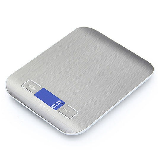 Stainless steel portable digital kitchen scale with blue backlit display