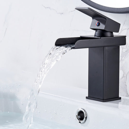 Black square single-hole bathroom basin faucet with wide spout and water stream