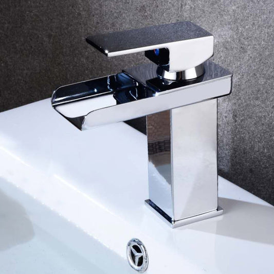Chrome single-hole bathroom basin faucet with square spout and wide water flow