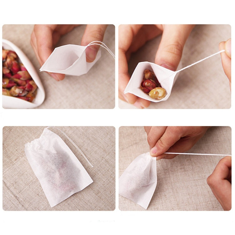 Hands tying a white filter tea bag with string, holding petals inside