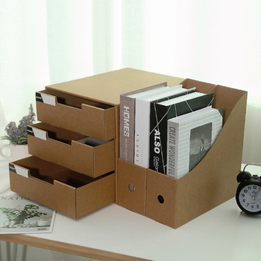 Cardboard multi-drawer organizer opened to show compartments for documents