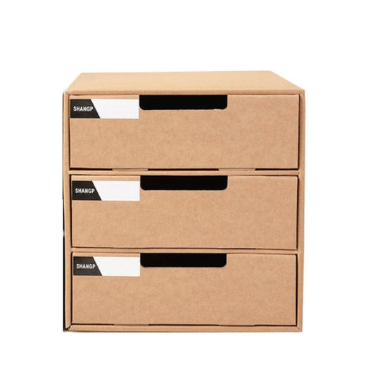 Multi-layer cardboard drawer storage cabinet with 3 pull-out drawers and black label slots