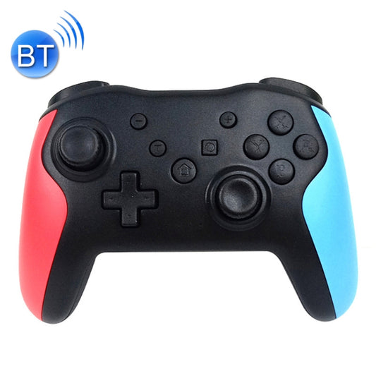 Wireless Bluetooth gamepad with black body, red left grip, blue right grip and button layout