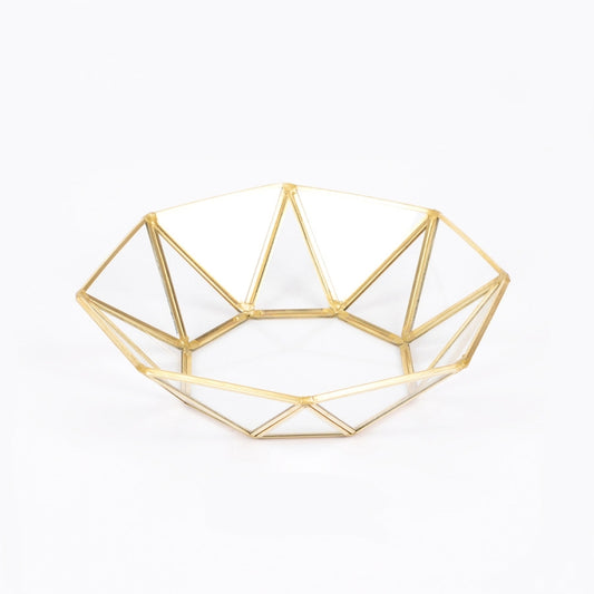 Glass Storage Tray Golden Retro Polygon Mirror Tray Brass Desktop Cosmetics Storage Tray, Polygon Large, Polygon Small, Octagonal Plate, Beauty Brush Bucket