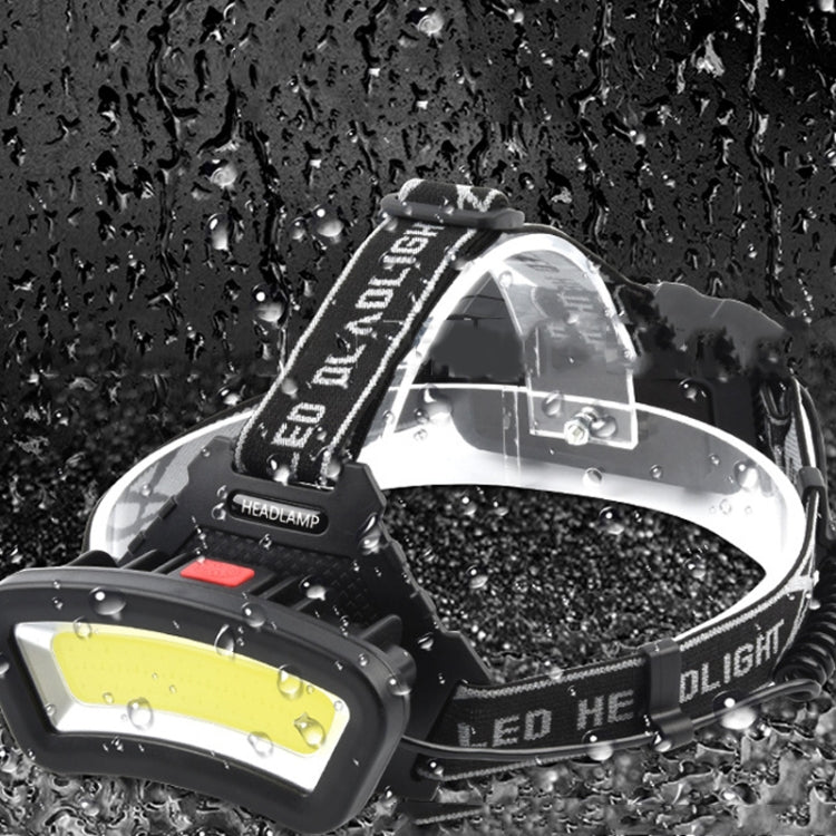Weatherproof headlamp with large COB LED panel, shown in rain with droplets