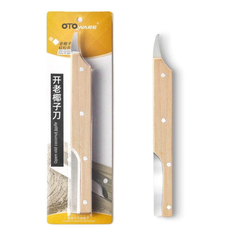 OTOWARE packaged stainless steel coconut shell opener with wooden handle.