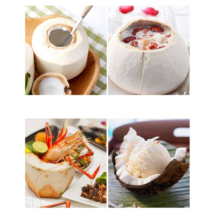 Coconut opener tools showing shell opening and coconut shaving with metal scoop