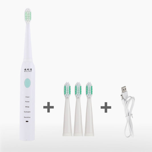 Rechargeable electric toothbrush set in white with three spare heads and USB cable
