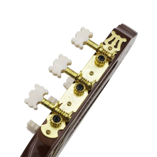 Alloy guitar tuning pegs set with gold hardware and white snap-in keys on dark headstock