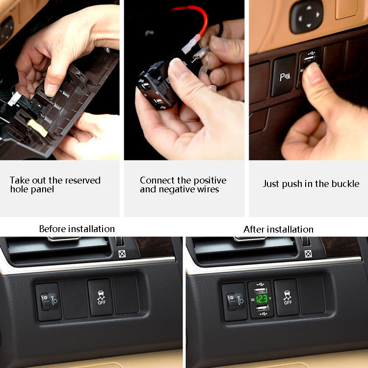 Dual USB car charger module with wiring, installed in car dashboard panel with indicator lights