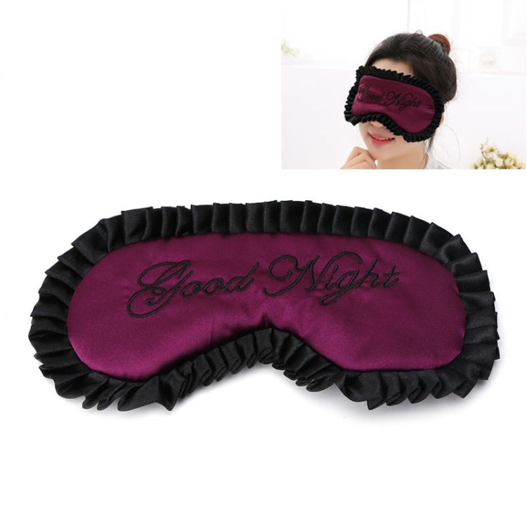 Purple satin sleep mask with black ruffled trim and “Good Night” text