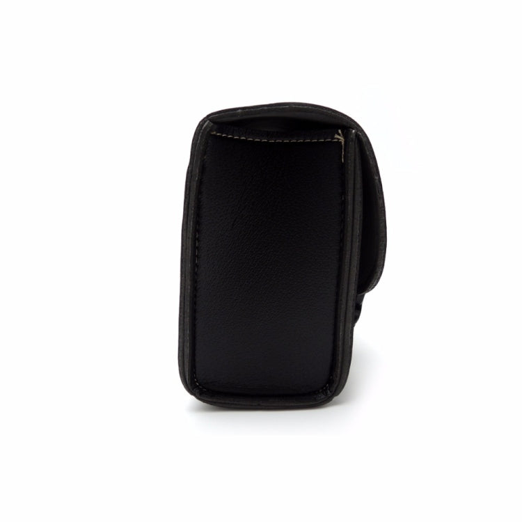Black leather-look pouch with smooth finish and curved top, open side