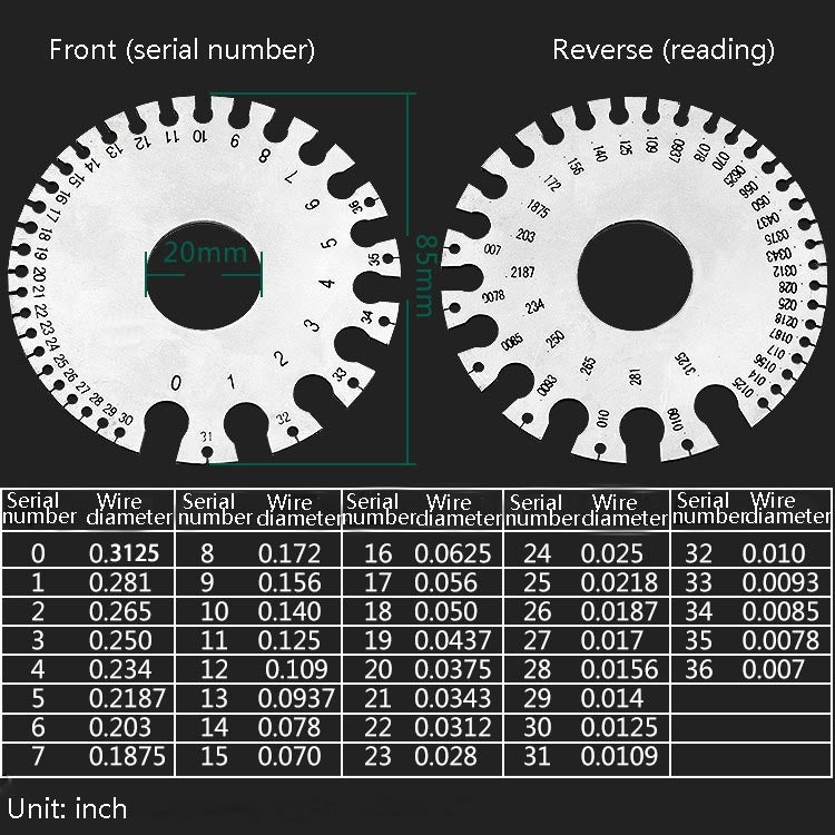 Two-sided wire gauge reading chart with engraved front and reverse scales