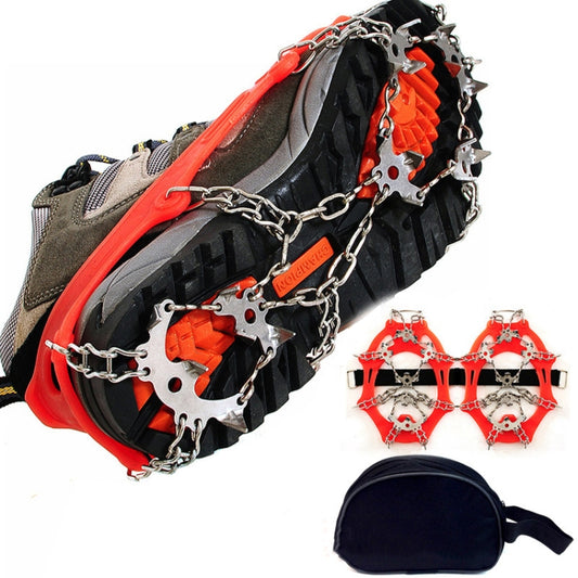 Orange and black 18-tooth snow crampons with chain spikes for hiking shoes