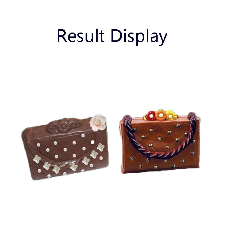 Two decorated chocolate-style handbags: dark brown and blue-brown with flower accents
