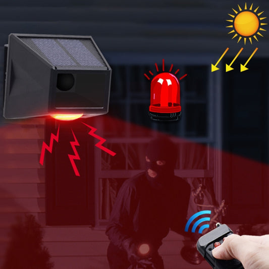 Solar motion alarm light with red LED beacon and wireless remote control